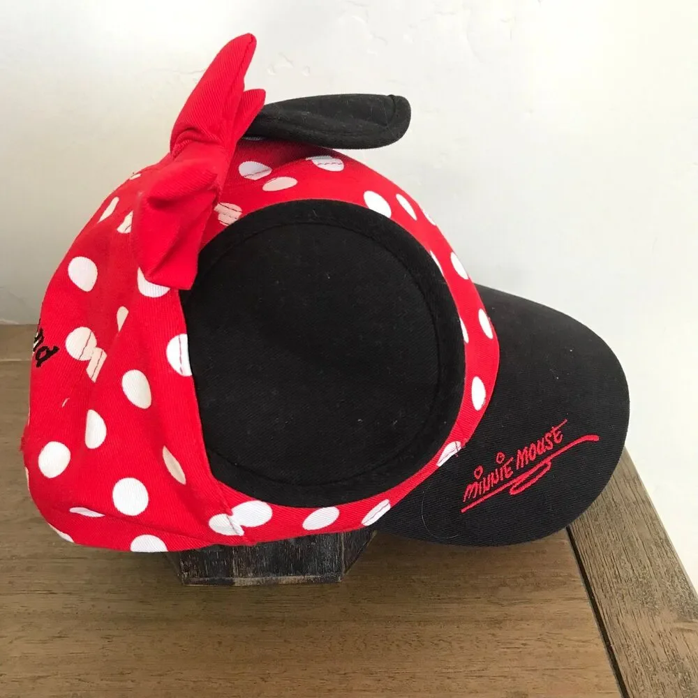 Disney Parks Girls Minnie Mouse Red & Black Polka Dot Baseball Hat Cap Ears Bow